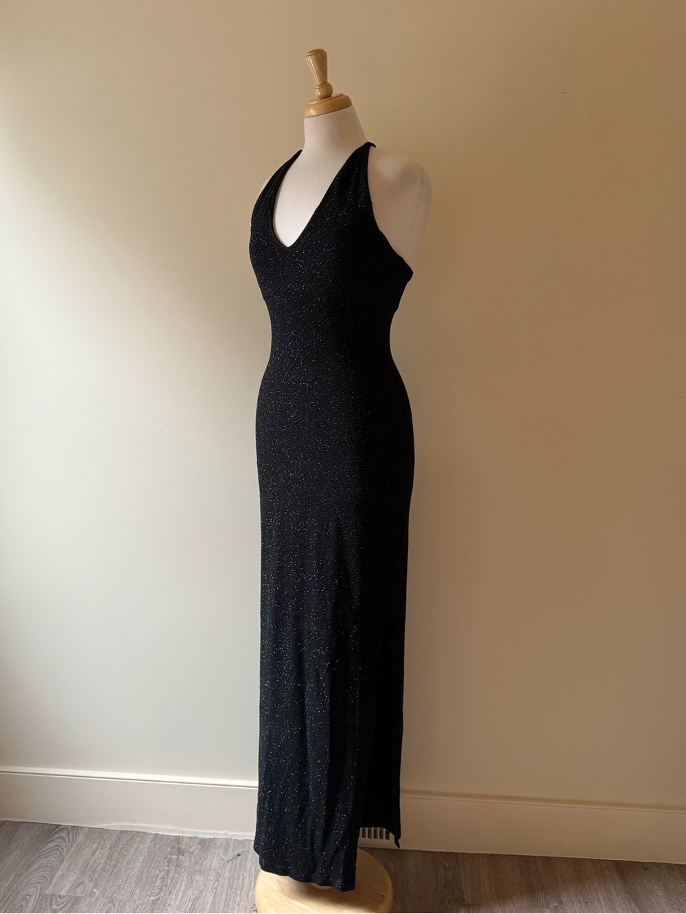 Vintage Black Glitter Rose Halter Maxi Dress Made in Canada Y2K